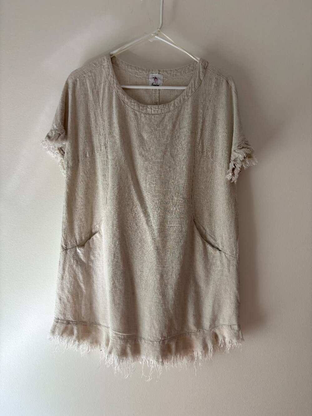Bungalow Raw Fringe Linen Blend Shift Dress Large Oatmeal Beige Slub Knit Pocket